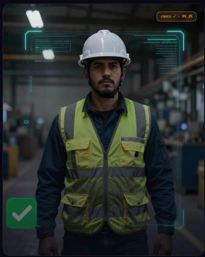 Sistema de visión artificial detectando el casco de un trabajador industrial en planta, con panel de estado CASCO y CHALECO en OK