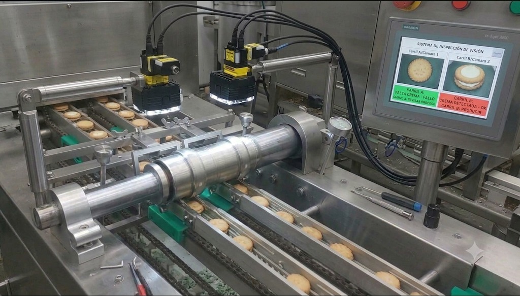 Línea de producción real con cámaras Cognex inspeccionando galletas en tiempo real