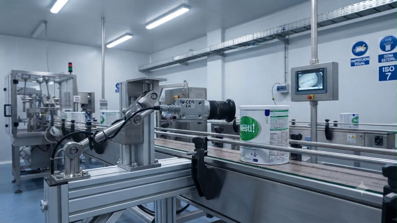 Cámara de visión artificial inspeccionando envases de fórmula infantil en línea de producción, sala ISO 7